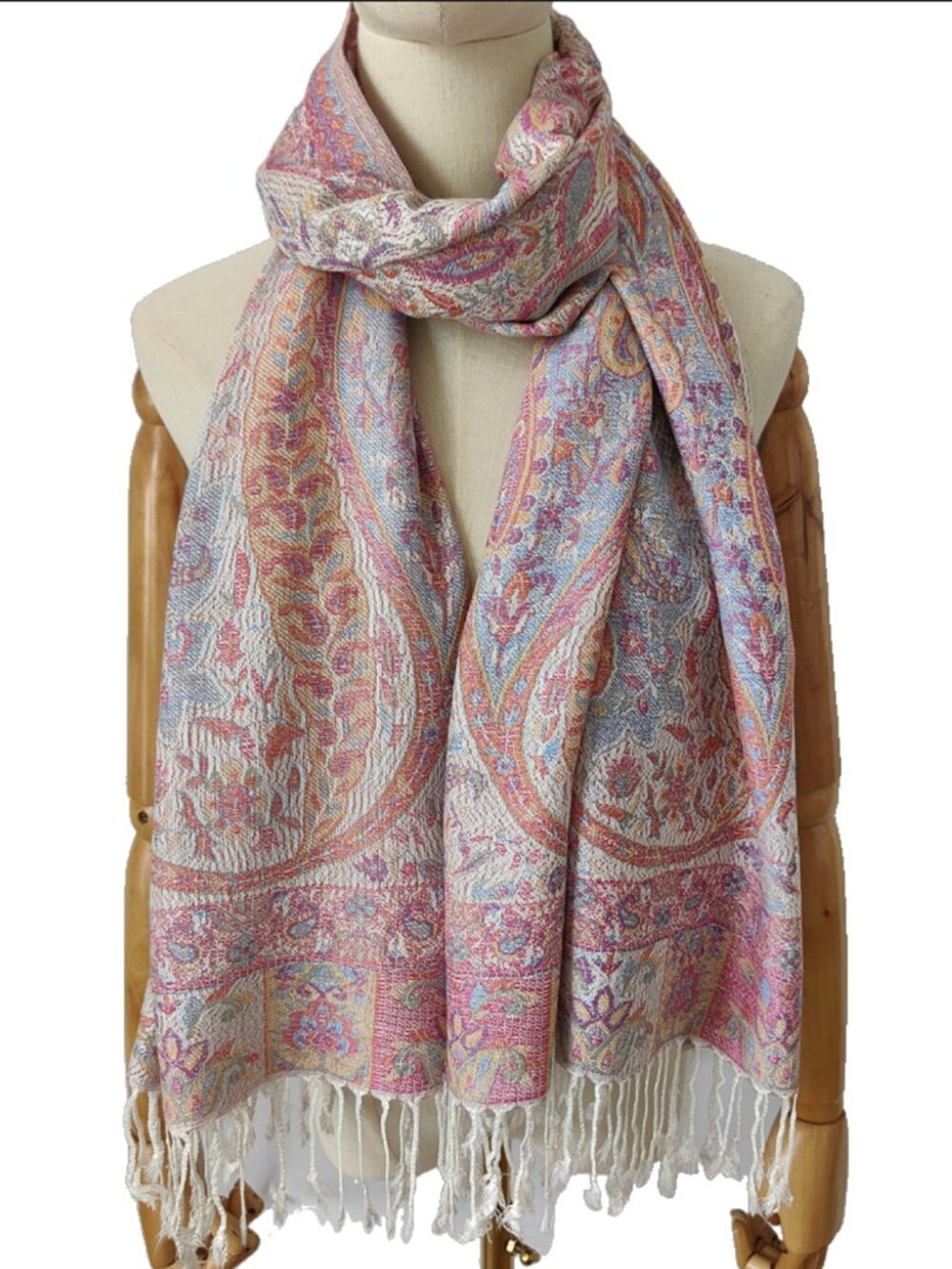 White and pink paisley pashmina scarf, Women Headcovering, Winter Wrap